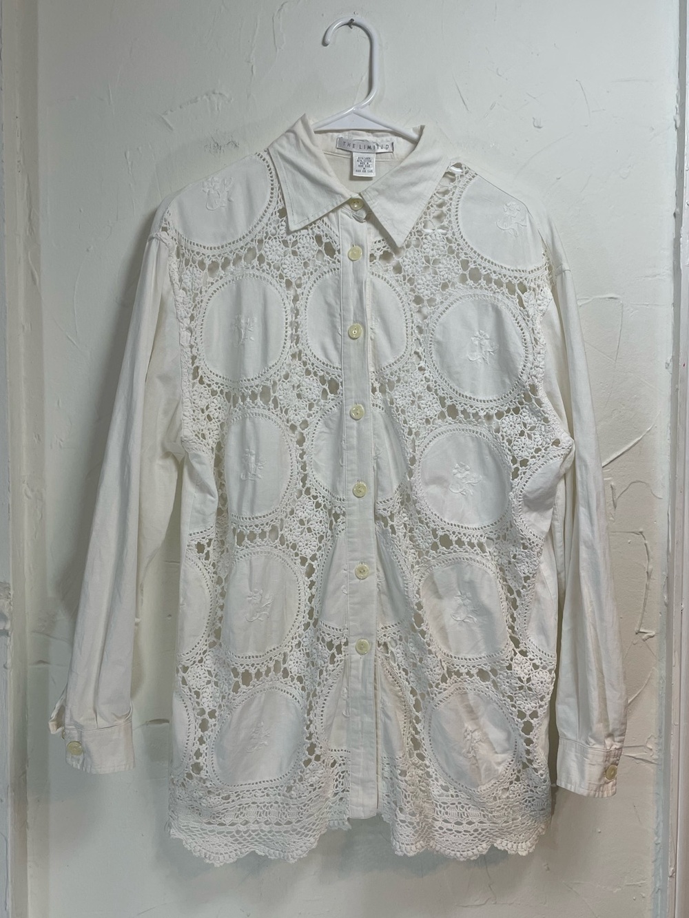 Vintage The Limited White Linen Crochet Lace Button-Front Shirt | Boho Western